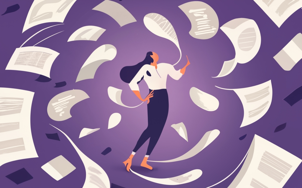 A woman surrounded by a tornado of papers